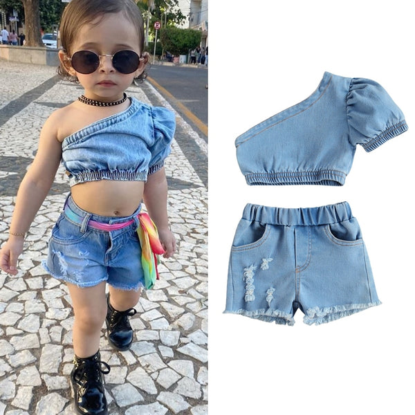 Amelia Denim One-Shoulder Set