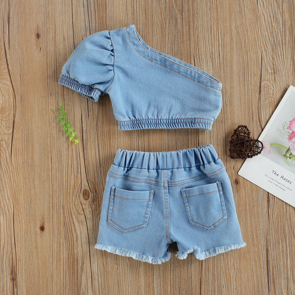 Amelia Denim One-Shoulder Set