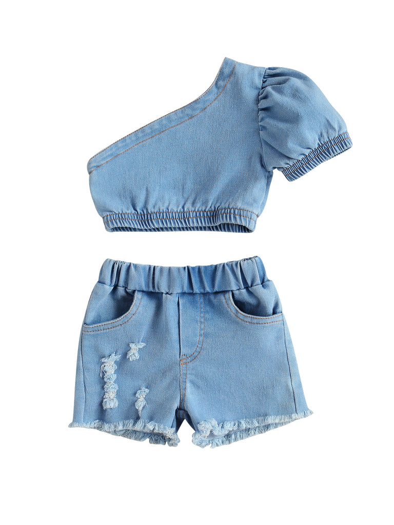 Amelia Denim One-Shoulder Set